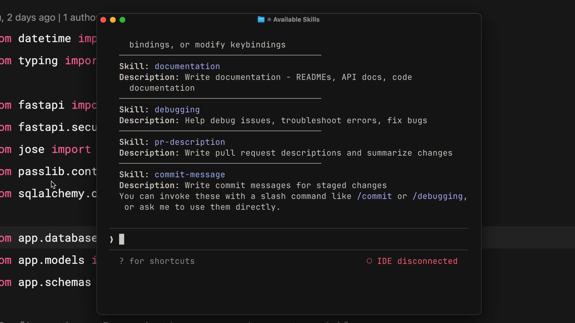 Окно Available Skills со списком documentation, debugging, pr-description и commit-message