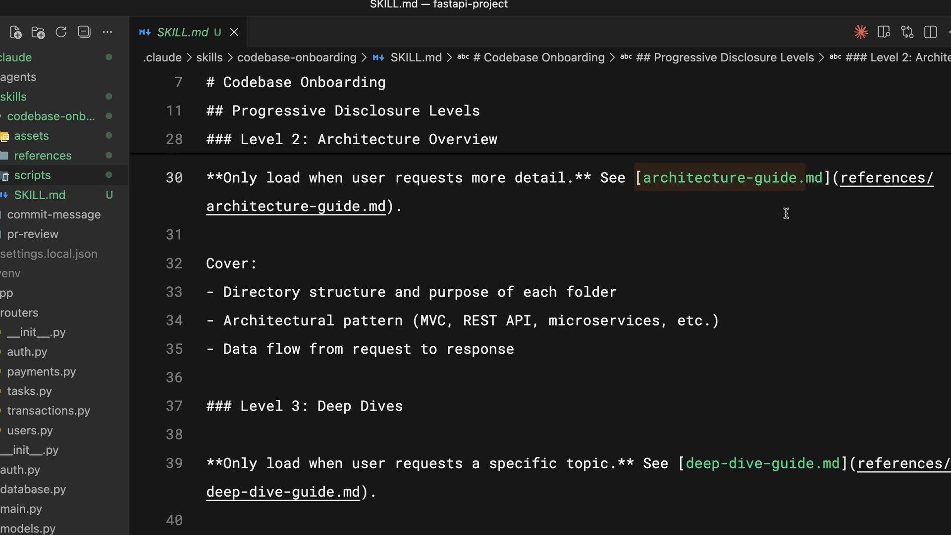 SKILL.md со ссылками на references/architecture-guide.md и deep-dive-guide.md, слева папки scripts, assets и references