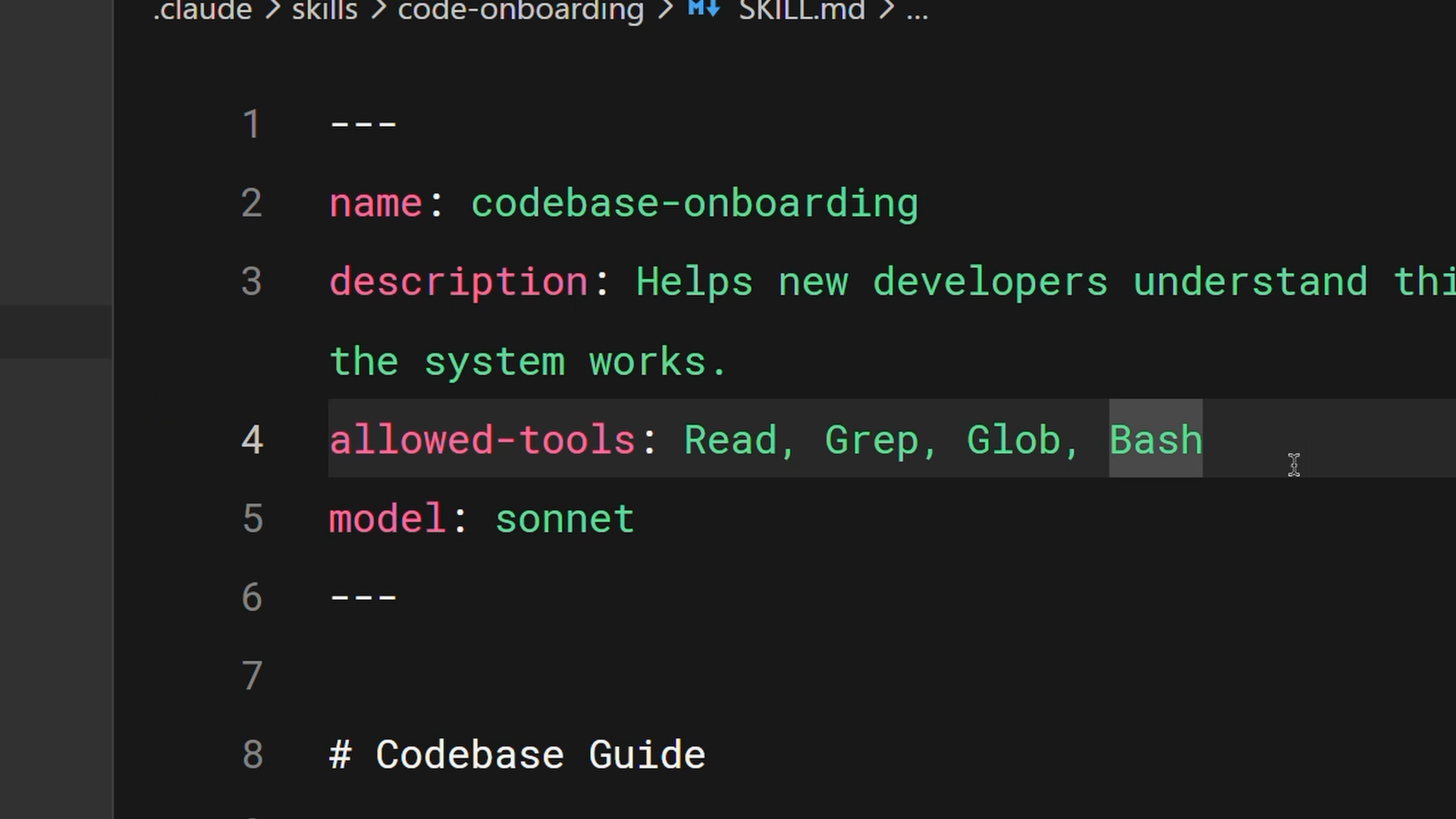 SKILL.md skill codebase-onboarding с полями allowed-tools и model