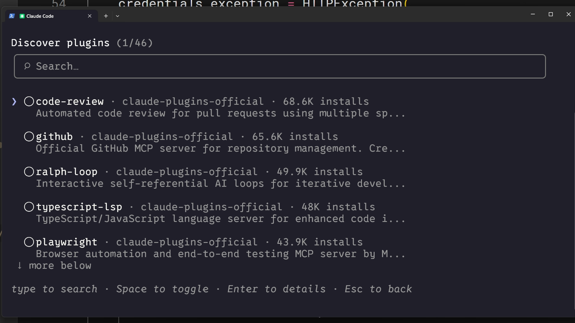Экран Discover plugins в Claude Code со списком плагинов и числом установок