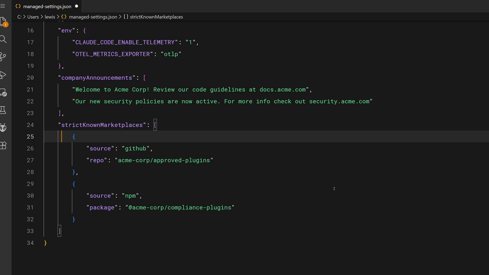 Файл managed-settings.json с блоком strictKnownMarketplaces для GitHub и npm