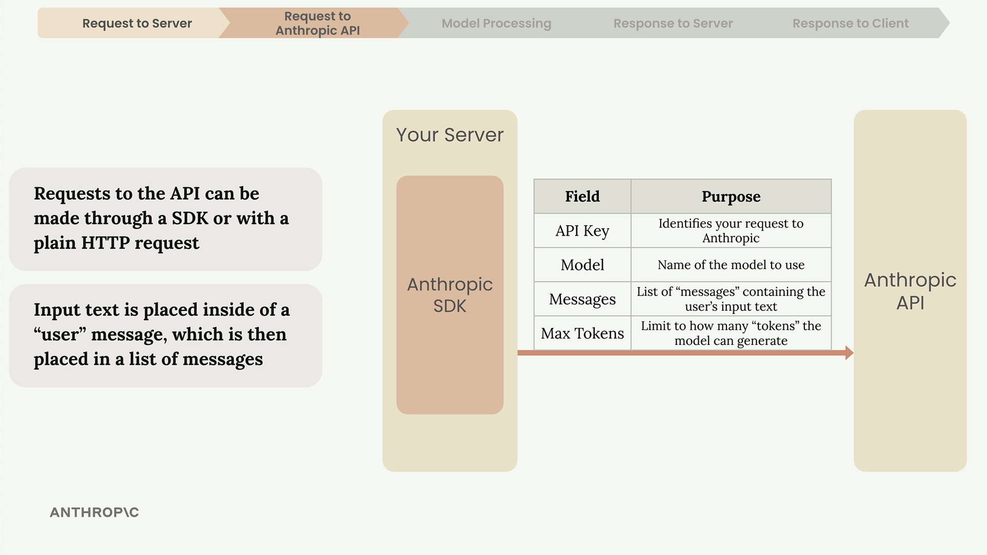 Шаг Request to Anthropic API: текст пользователя кладётся в сообщение user, а оно — в список сообщений.