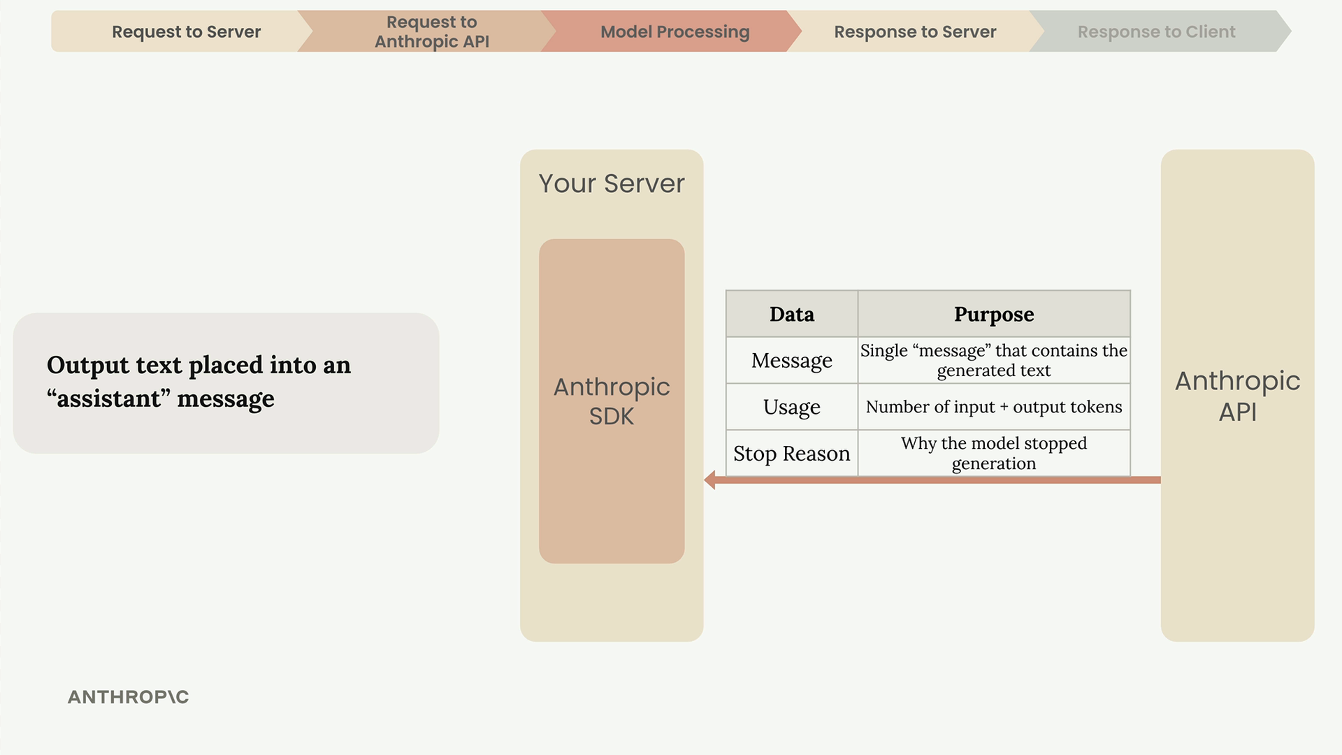 Ответ идёт из Anthropic API обратно в SDK на вашем сервере, текст лежит в сообщении assistant.