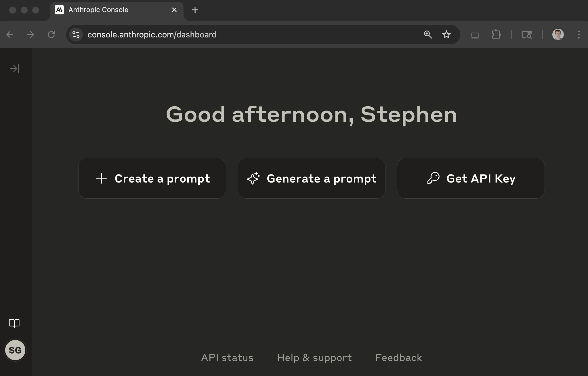 Главная консоли Anthropic с кнопками Create a prompt, Generate a prompt и Get API Key.