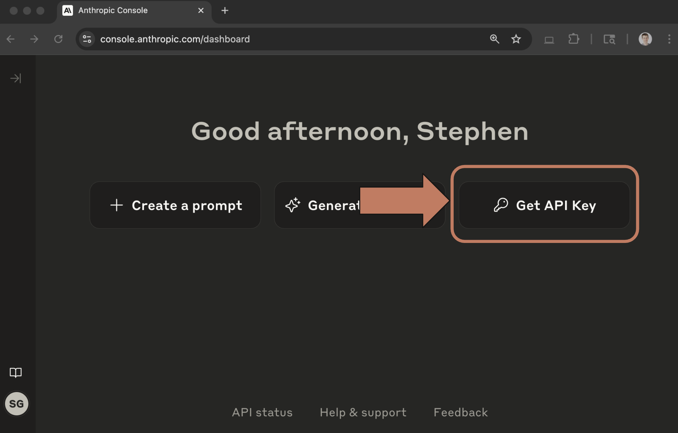 Стрелка и рамка выделяют кнопку Get API Key — крайнюю правую из трёх.