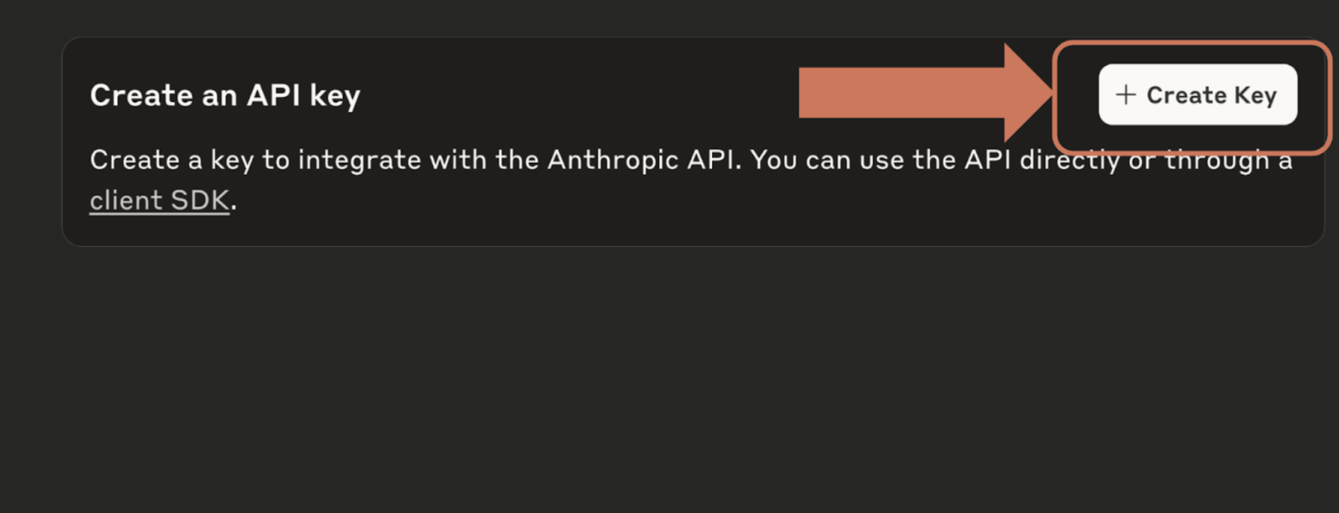 Выделенная кнопка Create Key справа на панели Create an API key.