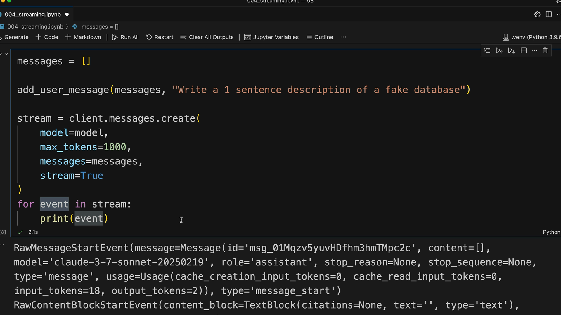 Вывод ноутбука для кода выше: RawMessageStartEvent, затем RawContentBlockStartEvent.