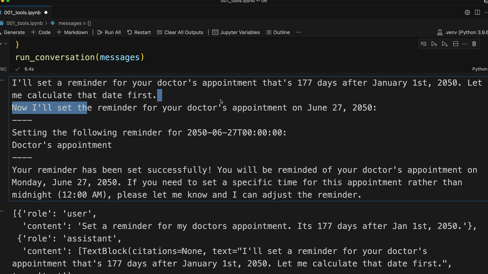 Вывод ноутбука: set_reminder печатает Setting the following reminder for 2050-06-27T00:00:00: Doctor's appointment.