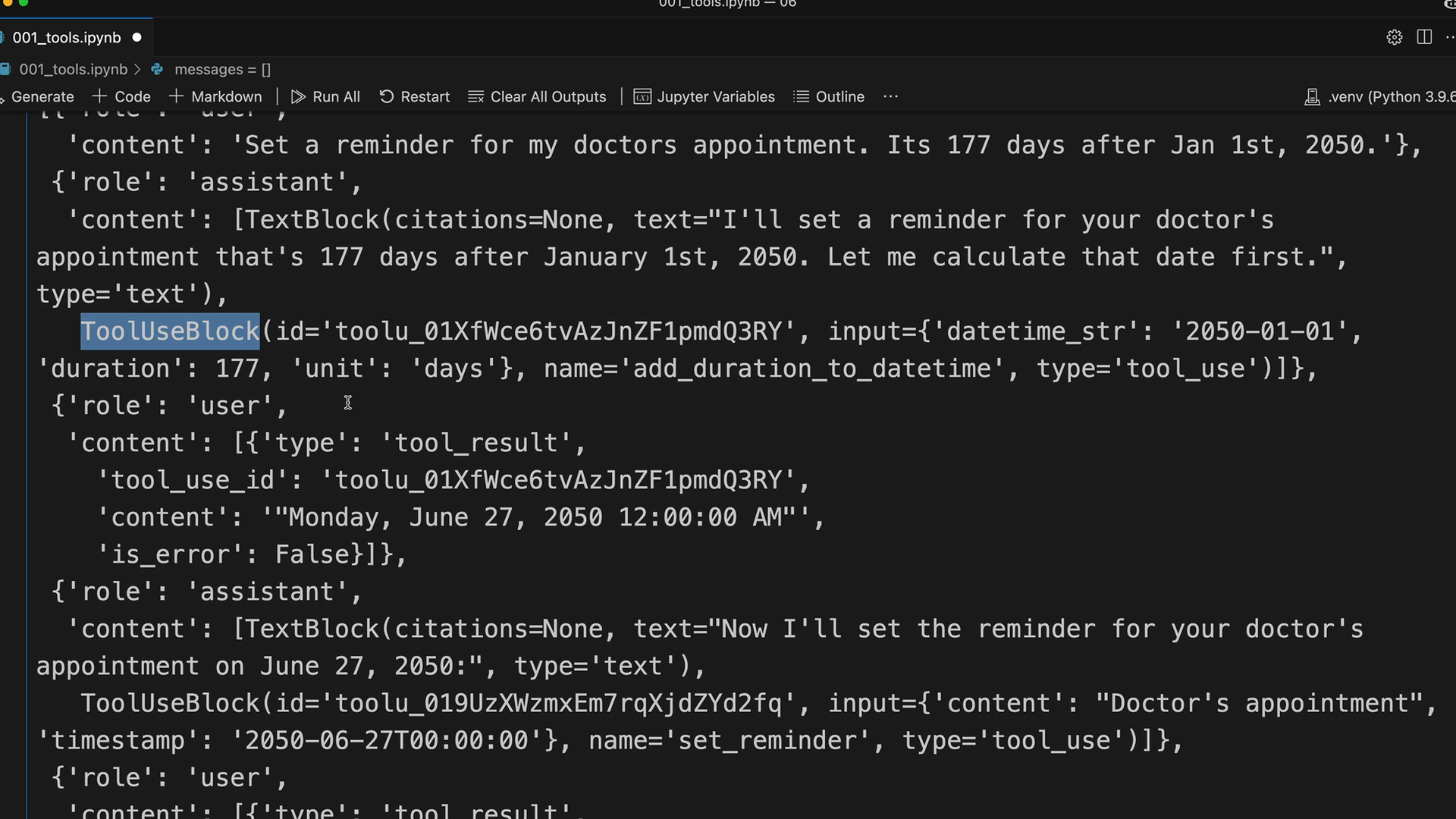 Каждое сообщение ассистента объединяет TextBlock и ToolUseBlock; результат инструмента — Monday, June 27, 2050 12:00:00 AM.