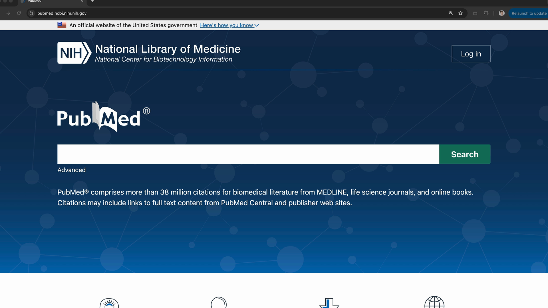 Главная PubMed с поиском и пометкой о более чем 38 миллионах цитат биомедицинской литературы.