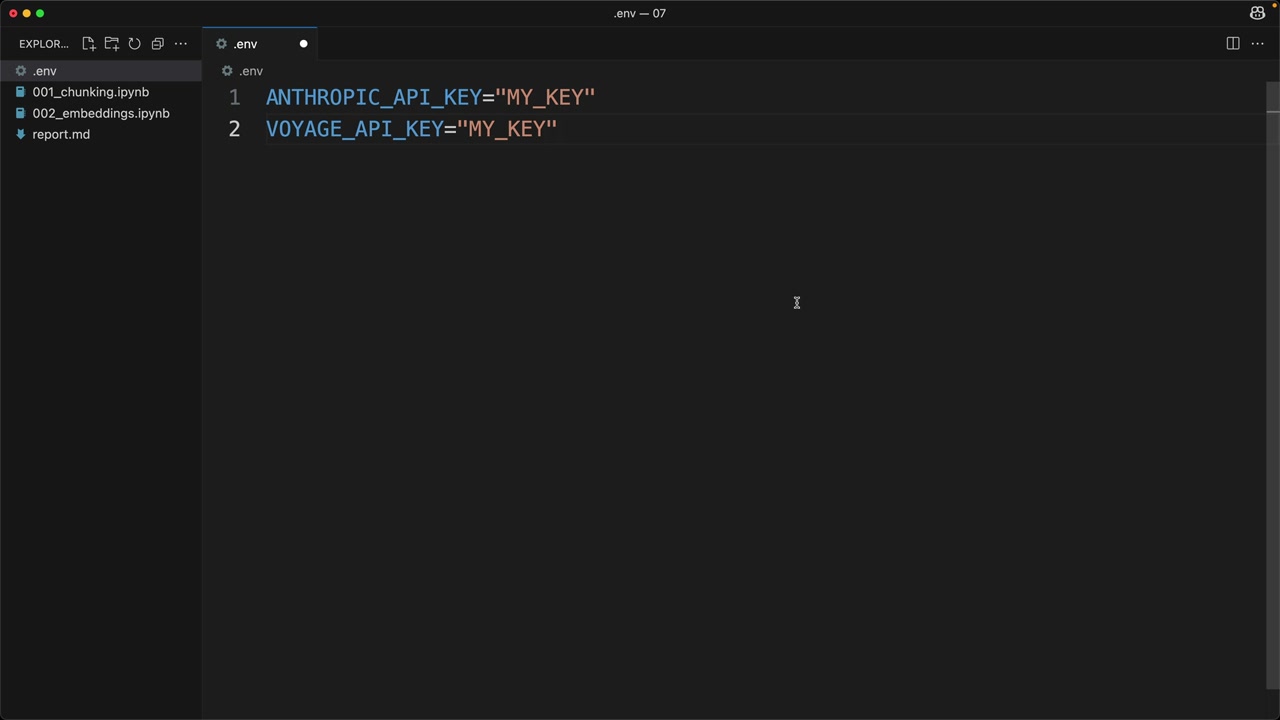 Файл .env в редакторе: ANTHROPIC_API_KEY и VOYAGE_API_KEY.