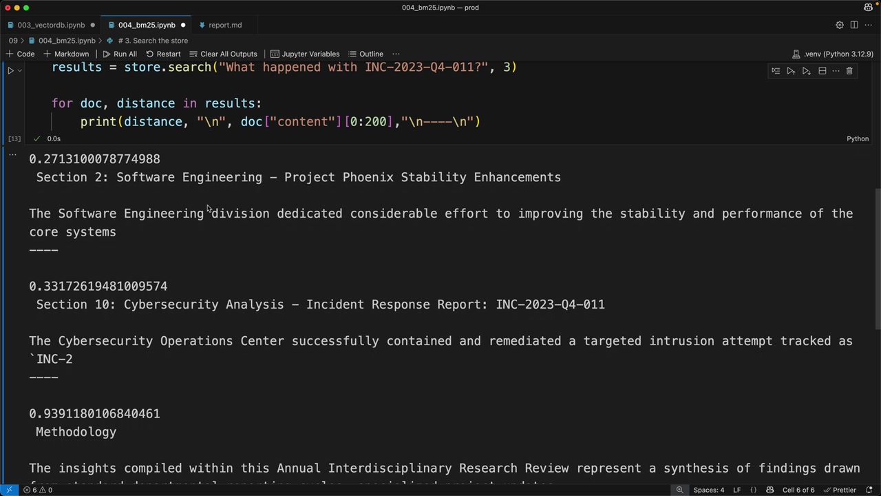 Вывод поиска BM25: Software Engineering около 0.27, Cybersecurity Analysis 0.33, Methodology 0.94.
