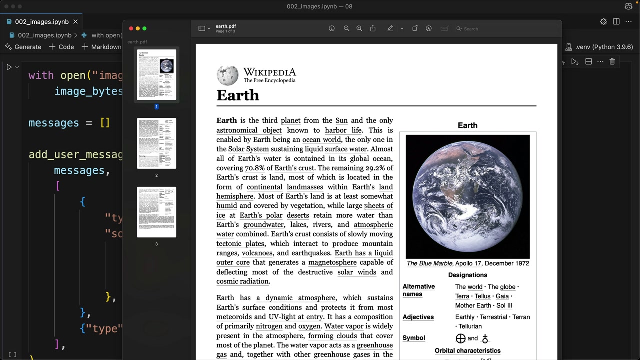earth.pdf открыт поверх кода ноутбука: страница 1 из 3 статьи Википедии Earth с фотографией Земли.