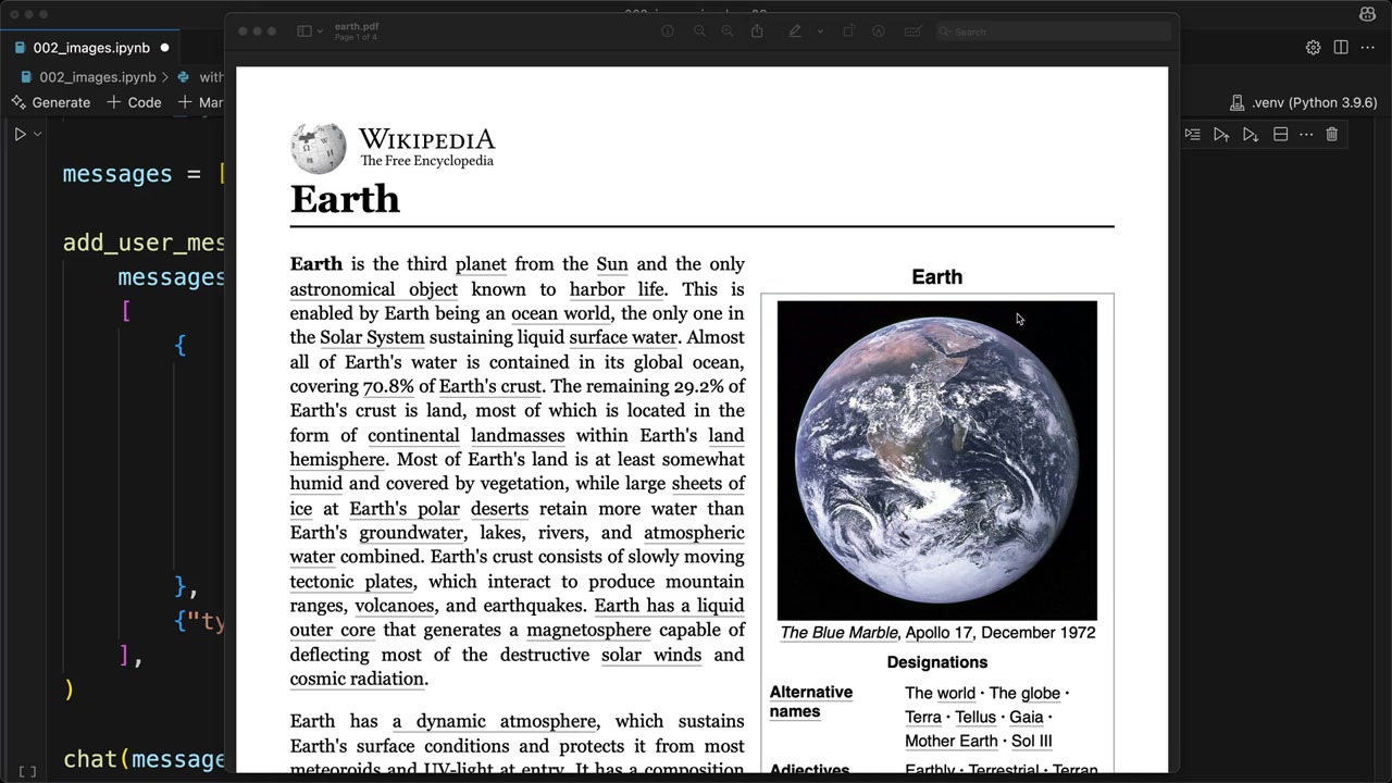 Исходный документ earth.pdf, страница 1 из 4, статья Википедии о Земле, поверх кода ноутбука.