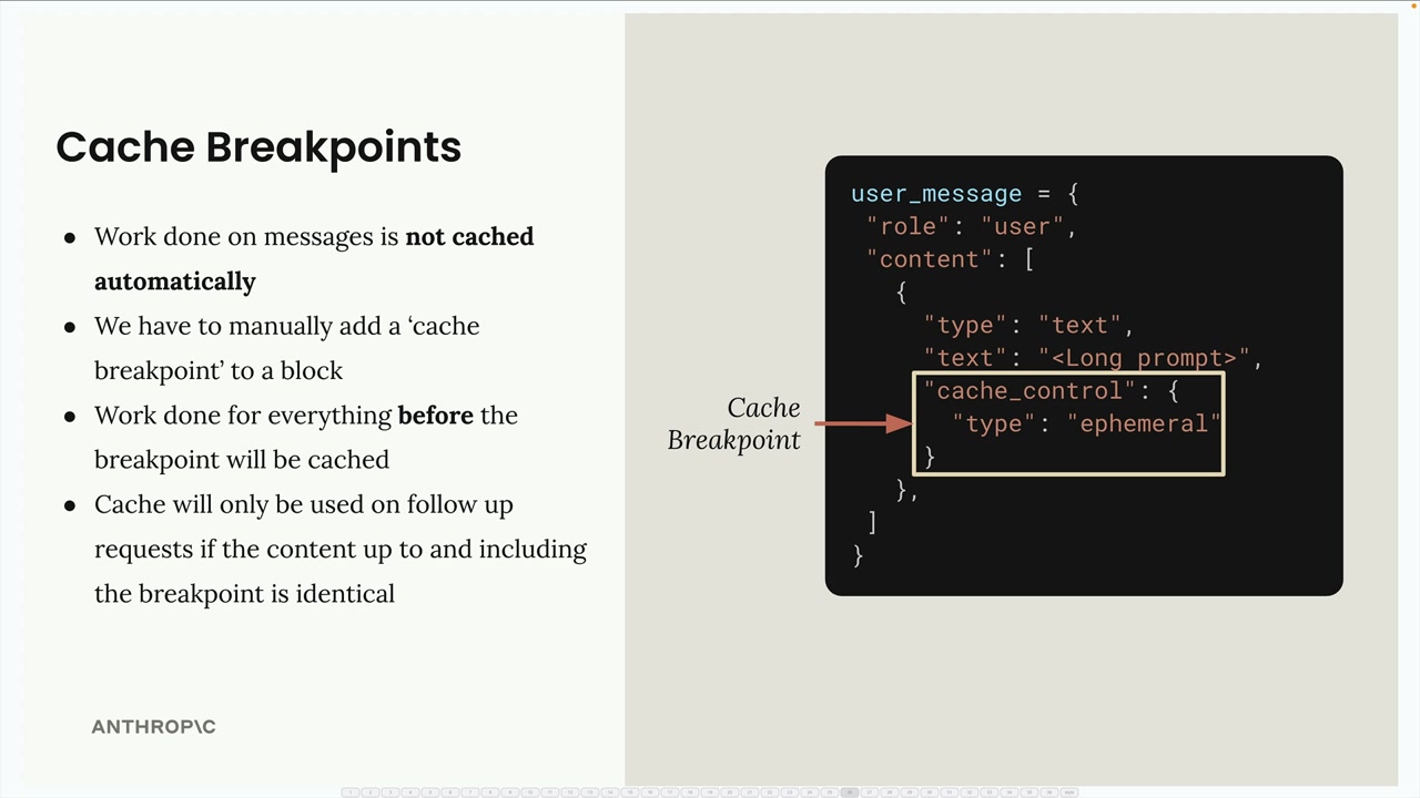 Сообщение пользователя с длинным текстовым блоком и полем cache_control с type ephemeral — точка кеширования.