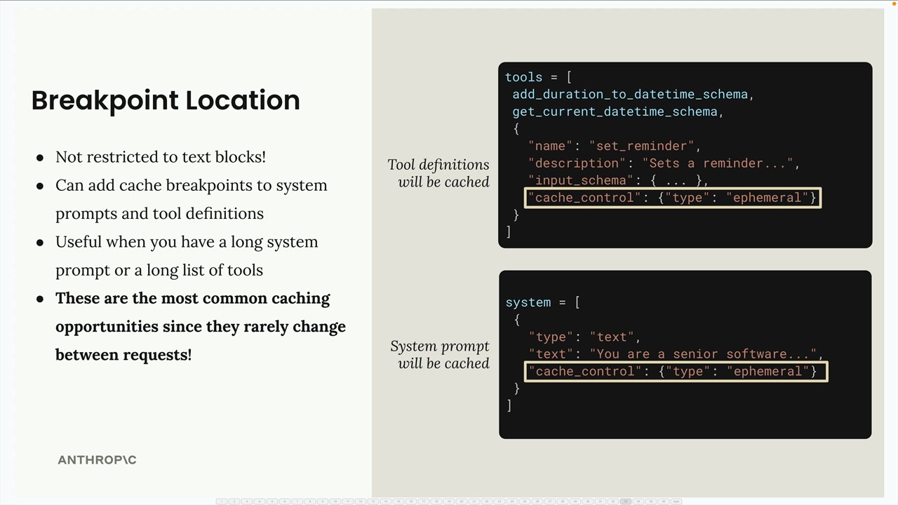 Поле cache_control ephemeral в последнем описании инструмента и в блоке system prompt — кешируются оба.