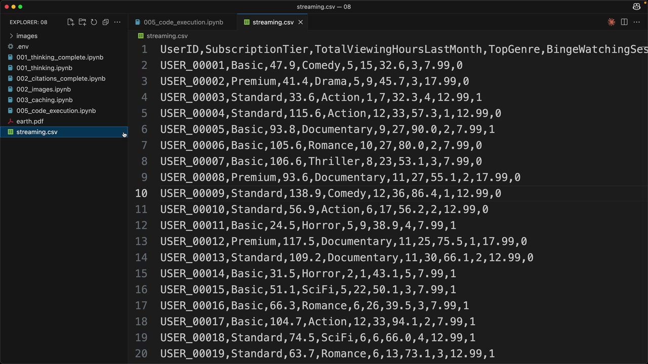 Файл streaming.csv со столбцами UserID, SubscriptionTier, TotalViewingHoursLastMonth и строками с USER_00001.
