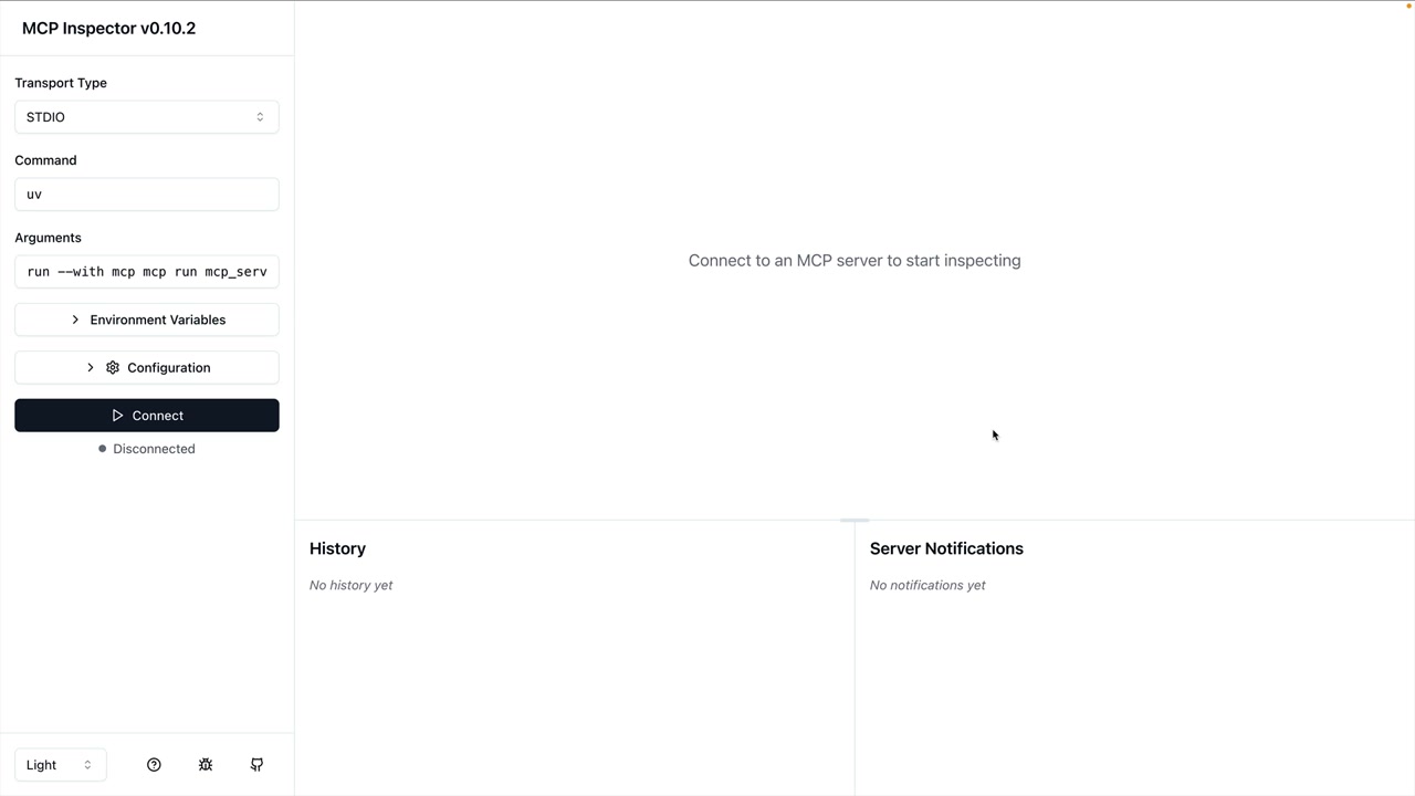 Панель MCP Inspector до подключения: тип транспорта STDIO, команда uv, кнопка Connect и статус Disconnected.