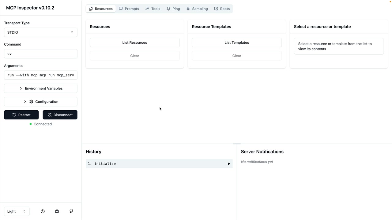 MCP Inspector после подключения: статус Connected и вкладки Resources, Prompts, Tools, Ping, Sampling и Roots.