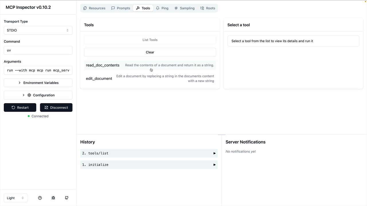 Вкладка Tools в MCP Inspector со списком инструментов read_doc_contents и edit_document и их описаниями.