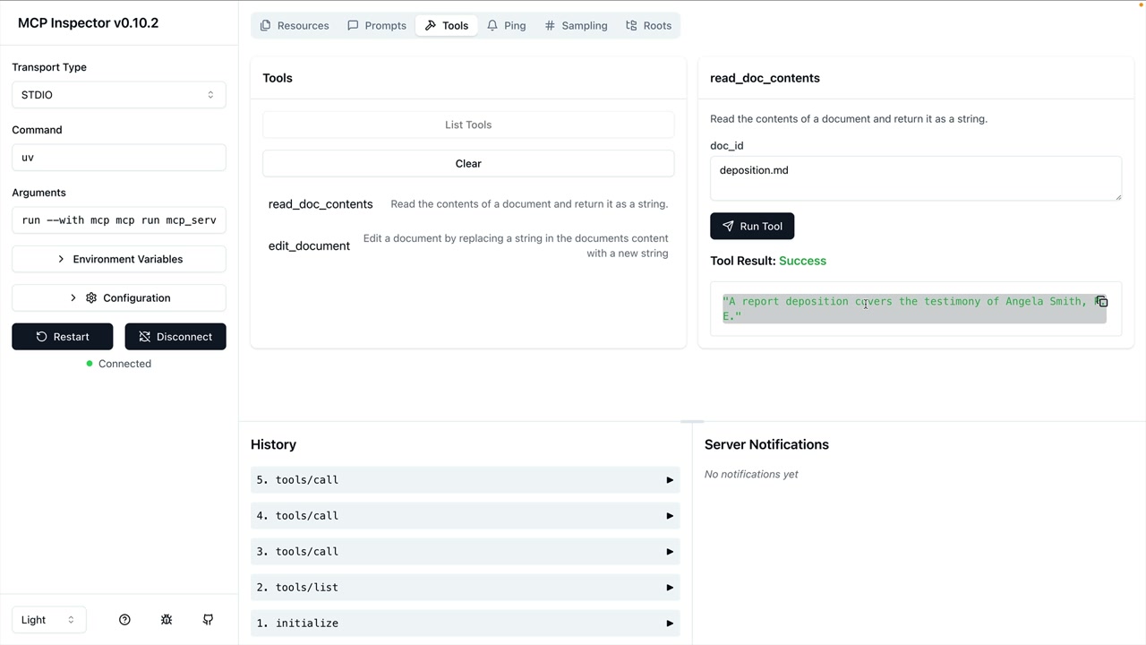 Результат read_doc_contents для deposition.md в MCP Inspector: Success и текст, начинающийся с A report deposition covers.