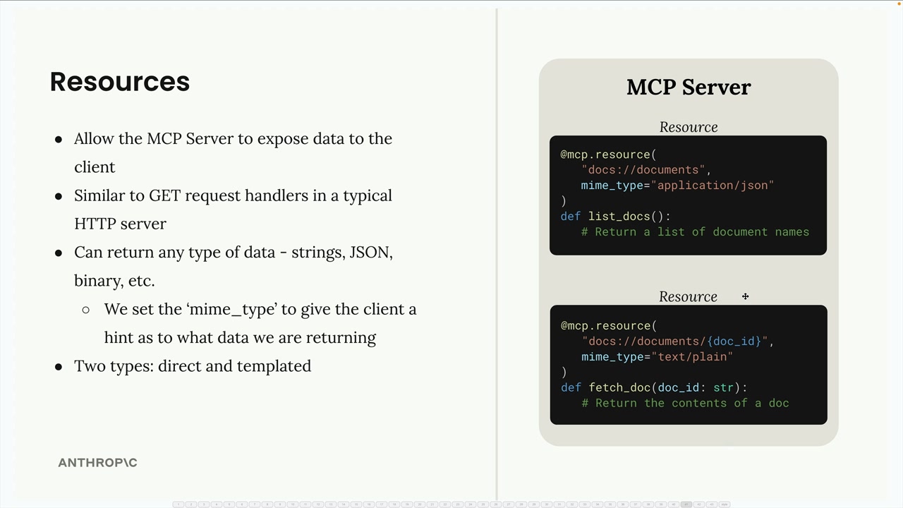 Один MCP-сервер с двумя определениями ресурсов, list_docs и fetch_doc, показанными в коде ниже.