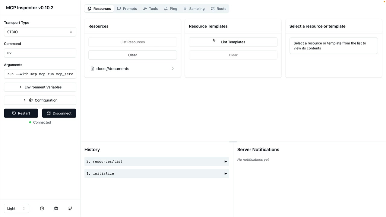 Вкладка Resources в MCP Inspector: docs://documents в разделе Resources, раздел Resource Templates пуст.