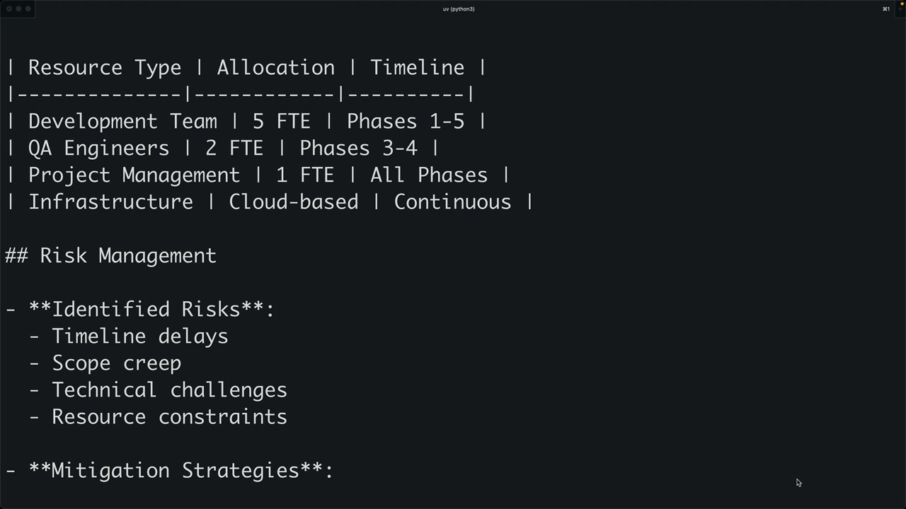 Markdown в терминале: строка таблицы ресурсов «Development Team 5 FTE Phases 1-5» и раздел Risk Management.