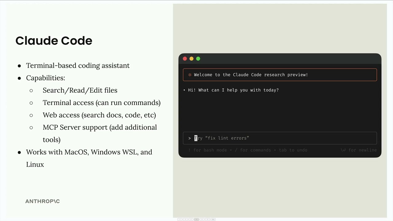 Терминал Claude Code: приветствие research preview, вопрос, чем помочь, и подсказка Try "fix lint errors".
