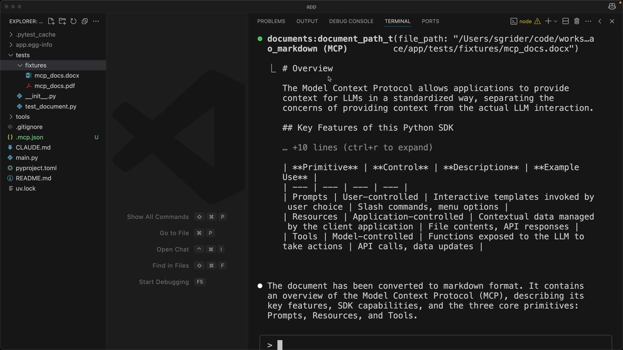 Markdown в терминале: таблица — промпты управляются пользователем, ресурсы — приложением, инструменты — моделью.