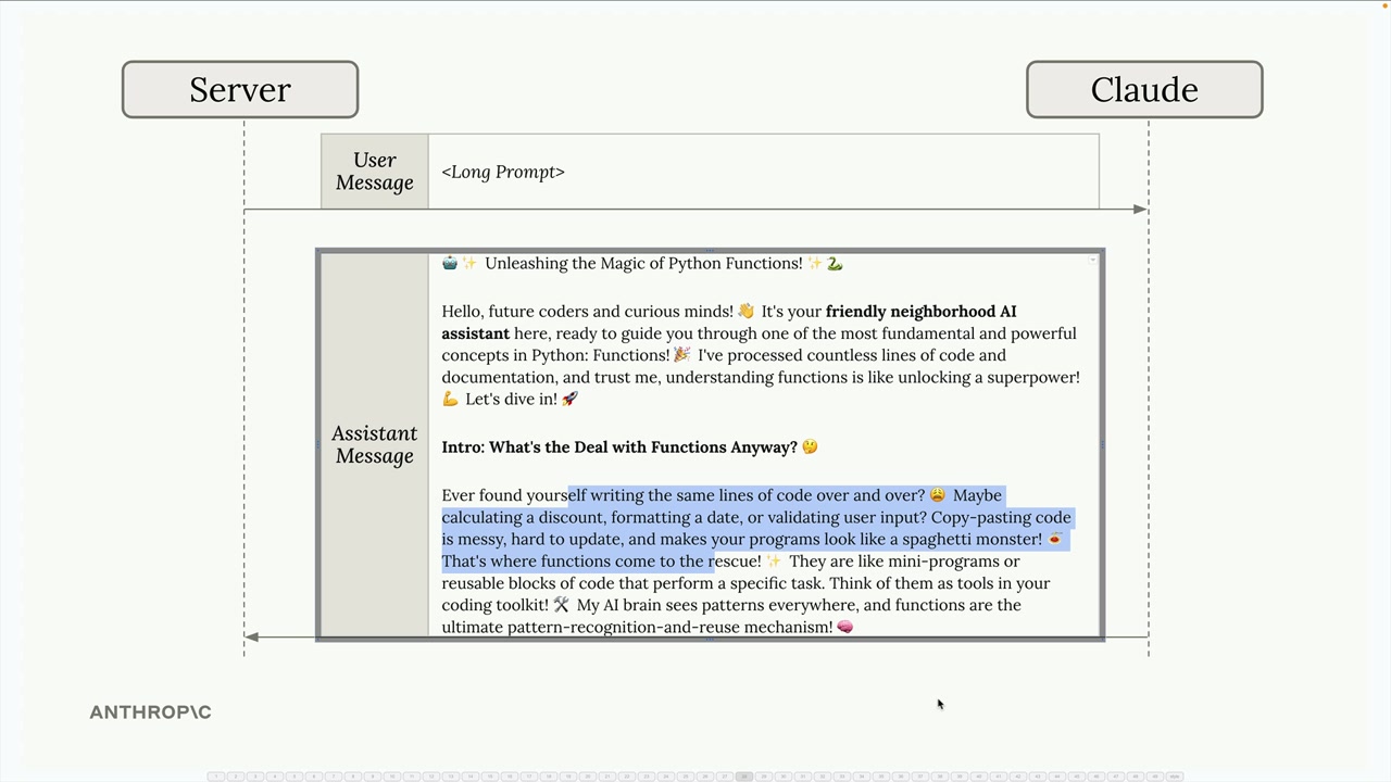 Claude отвечает на длинный промпт статьёй о Python с эмодзи и называет себя «friendly neighborhood AI assistant».